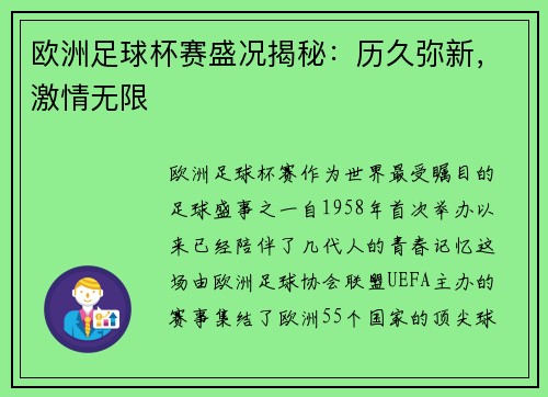 欧洲足球杯赛盛况揭秘：历久弥新，激情无限