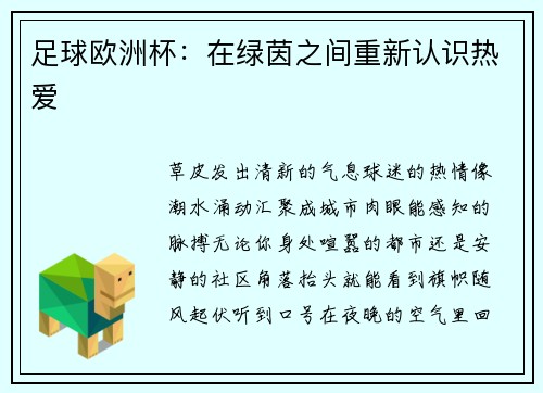 足球欧洲杯：在绿茵之间重新认识热爱